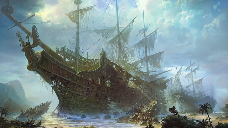 painting of galleon ship, ship, artwork, drawing, sailing ship, digital art, tropical, shipwreck, ruin, HD wallpaper
