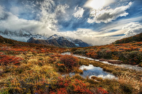 landscape photo of body of water between red and green bush field in distant of mountains, Patagonia, Alive, landscape, photo, body of water, red, bush field, distant, mountains, customs, com, travel  blog, photography, photoblog, hdr, high  dynamic  range  imaging, digital  processing, software, tutorial, south  America, argentina, republic, argentine  argentino, República, andes, natural, scenic, wild, wilderness, cold, icy, frigid, panorama, hike, hiking, outdoors, shrub, growth, foliage, brilliant, water, reflection, clouds, weather, valley, field, snow, capped, rolling  river, stream, march, Nikon d3x, BRAVO, nature, mountain, autumn, scenics, beauty In Nature, mountain Peak, forest, mountain Range, sky, HD wallpaper HD wallpaper