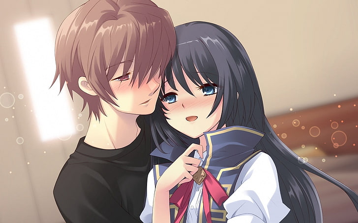 man and woman anime characters illustration, girl, boy, brunette, hugs, tenderness, confusion, HD wallpaper