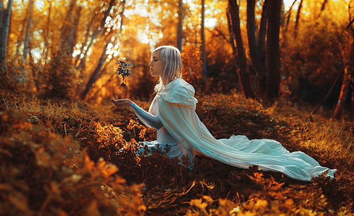 Magic Rose, women's teal cape, Seasons, Autumn, Magic, Flower, Girl, Color, White, Brown, Rose, Leaves, Forest, copper, HD wallpaper