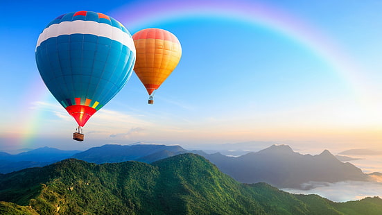 mongolfiere, cielo, arcobaleni, montagne, natura, paesaggio, Sfondo HD HD wallpaper