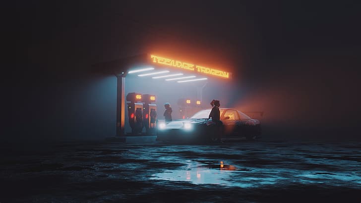 neon, dark, gas station, car, HD wallpaper