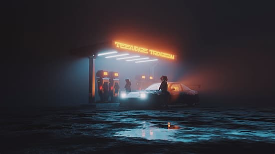 neon, ciemno, stacja benzynowa, samochód, Tapety HD HD wallpaper