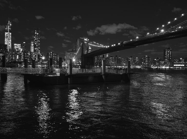 Jembatan Brooklyn, New York, Jembatan Brooklyn, Hitam dan Putih, kota, lampu, new york, malam, bandw, nyc, jembatan, jembatan brooklyn, turun kota, Wallpaper HD
