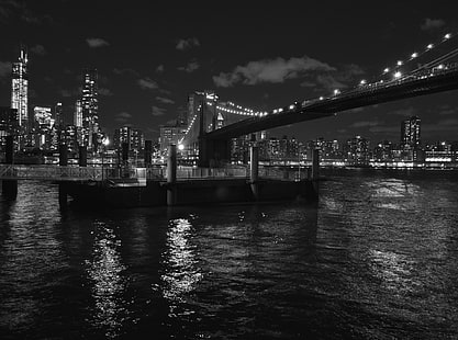 Ponte de Brooklyn, Nova York, Ponte de Brooklyn, Preto e branco, cidade, luzes, Nova Iorque, noite, banda, Nova York, ponte, ponte de Brooklyn, baixa cidade, HD papel de parede HD wallpaper