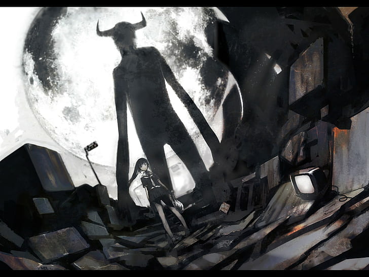 Anime, Anime Mädchen, Teufel, Dämon, Hörner, Mond, Originalfiguren, Schatten, TV, schwarze Haare, HD-Hintergrundbild
