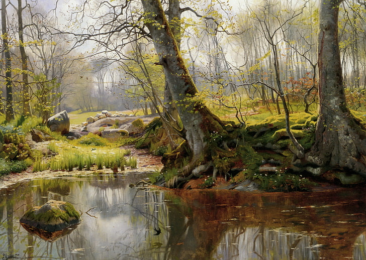brown tree trunk, forest, trees, landscape, roots, lake, reflection, stones, moss, picture, Peder Mork Monsted, HD wallpaper