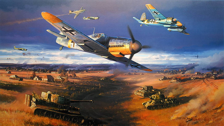 fighter planes and war tanks wallpaper, tiger, war, figure, art, fighters, tank, USSR, aircraft, t-34, dogfight, bf-109, kV-1, nicolas trudgian, The battle of Prokhorovka, The third Reich, HD wallpaper