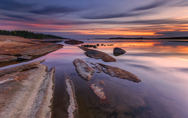 Norway, river, beach, stones, evening, sunset, sky, clouds, body of water under gray sky photo, Norway, River, Beach, Stones, Evening, Sunset, Sky, Clouds, HD wallpaper