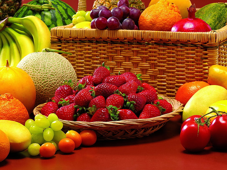 variety of fruits, fruit, allsorts, strawberry, melon, grapes, orange, tangerine, pomegranate, tomatoes, basket, HD wallpaper