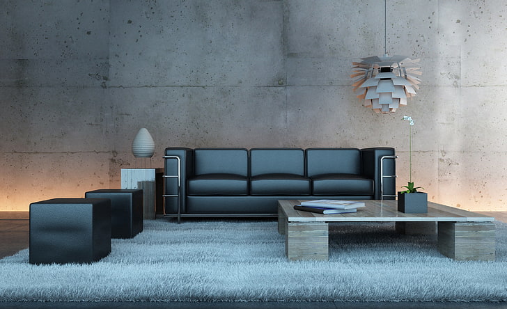 sofá de tres plazas de cuero negro, flor, mesa, sofá, alfombra, lámpara, Fondo de pantalla HD