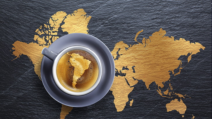 cup, coffee cup, still life photography, coffee, map, world map, south america, HD wallpaper