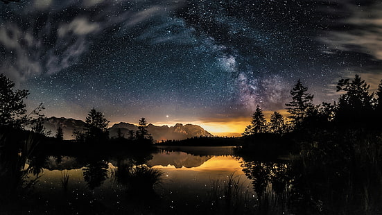 地球、夜、湖、自然、反射、空、星空、星、 HDデスクトップの壁紙 HD wallpaper