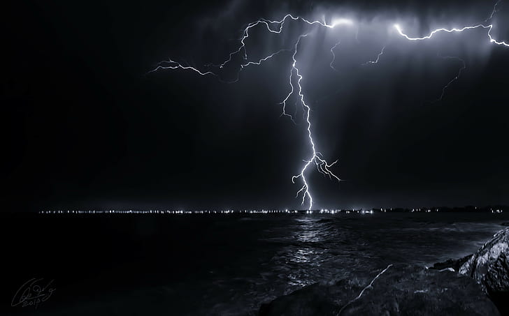 lightning, nature, night, ocean, rain, sea, sky, storm, HD wallpaper