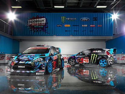 2台の黒と多色の車、フォード、ラリー、WRC、フィエスタ、ケンブロック、ラリークロス、 HDデスクトップの壁紙 HD wallpaper