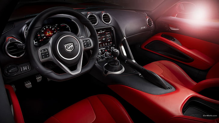 black and red Dodge Viper interior, black and red car interior, Dodge Viper, stick shift, Dodge, car interior, vehicle, car, HD wallpaper