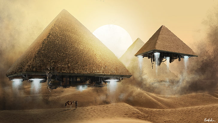 fond d'écran pyramide brune, porte des étoiles, Egypte, science fiction, pyramide, désert, Fond d'écran HD