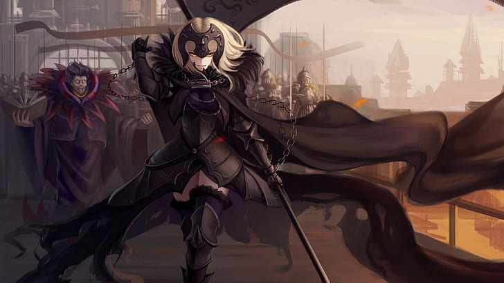 Fate Series, Fate/Grand Order, Anime, Armor, Avenger (Fate/Grand Order), Blonde, Boy, Cape, Caster (Fate/Zero), Chain, Fate (Series), Girl, Glove, Jeanne d'Arc Alter, Smile, Thigh Boots, Weapon, Yellow Eyes, HD wallpaper