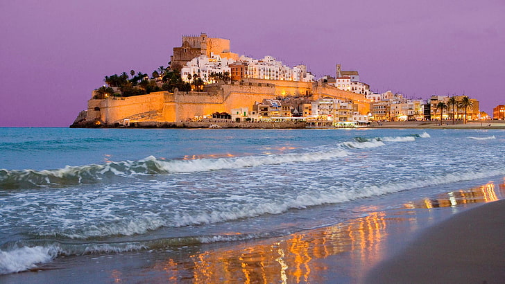 beach side poster, sea, the sky, lights, wall, home, the evening, fortress, Spain, Cape, Valencia, HD wallpaper