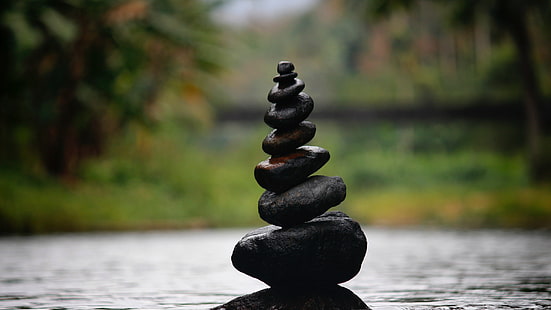 rock balancing, stone balancing, rock stacking, stone stacking, harmony, peaceful, calm, stones, stone, blurred, blur, balance, HD wallpaper HD wallpaper