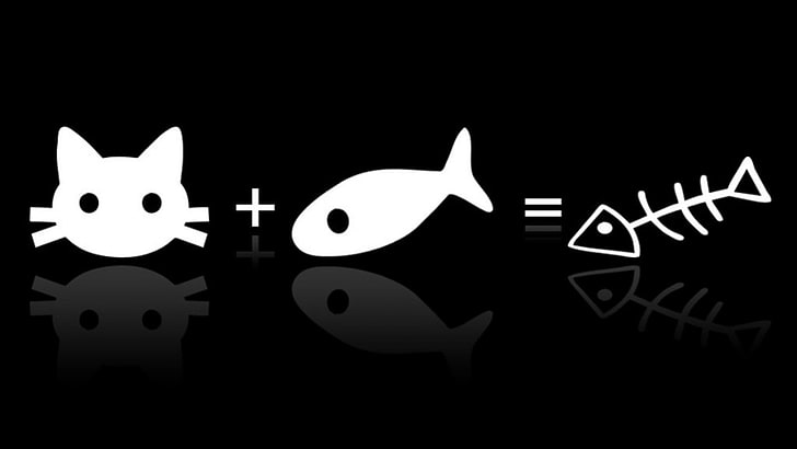 cat and fish illustration, minimalism, cat, black, humor, reflection, HD wallpaper