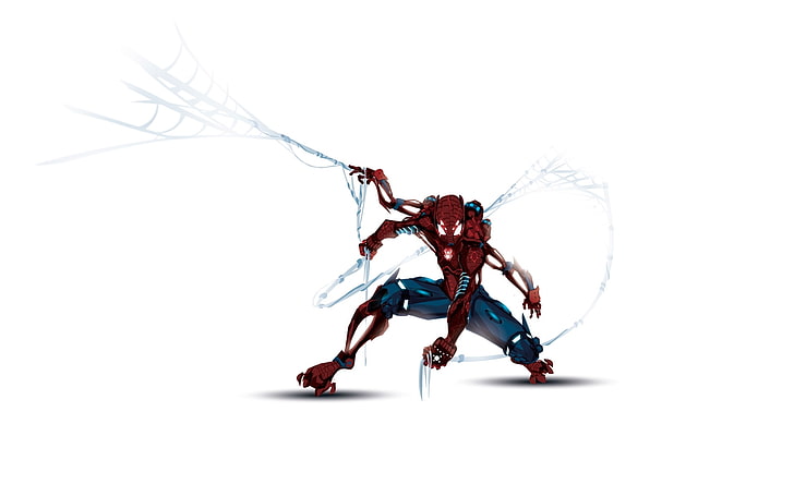 Marvel Spider-Man иллюстрация, робот, паутина, белый фон, киборг, комиксы, marvel, человек паук, человек паук, HD обои