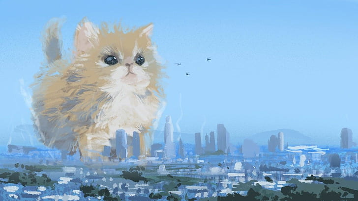 고양이, catzilla, 헬리콥터, 그림, 공상 과학 소설, 시안, HD 배경 화면