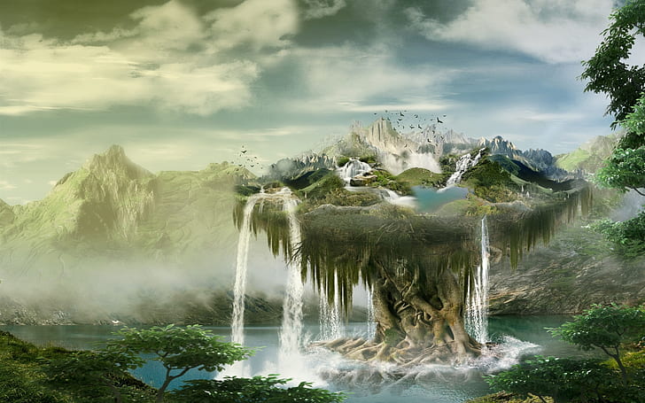 Kreatives Design, Float-Insel, Wasserfälle, Vögel, Wolken, Berge, Kreativ, Design, Float, Insel, Wasserfälle, Vögel, Wolken, Berge, HD-Hintergrundbild