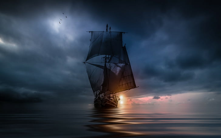sea, sunset, clouds, blue, storm, landscape, nature, birds, water, sailing ship, flying, HD wallpaper