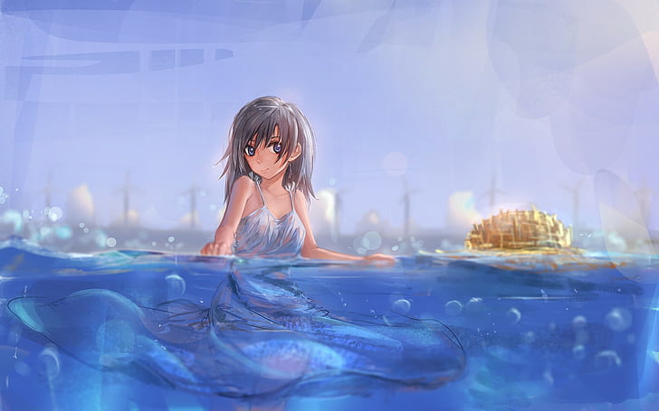 Anime, Anime Girls, schwarze Haare, blaue Augen, lange Haare, Wasser, nass, HD-Hintergrundbild
