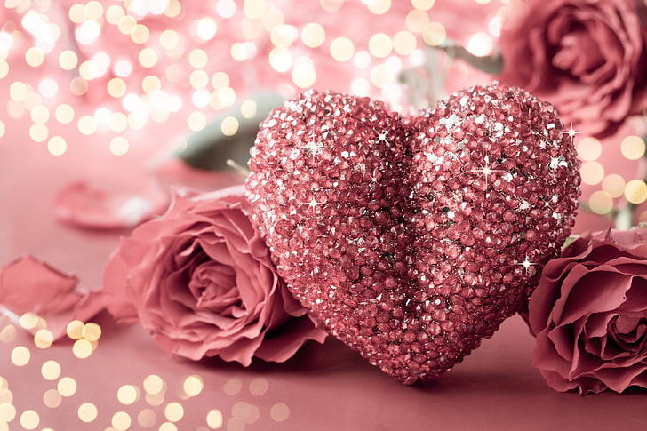 휴일, 발렌타인 데이, 반짝이, 심장, 핑크, 장미, 반짝, HD 배경 화면