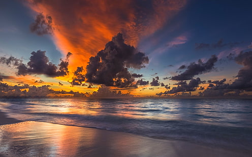 corpo de água e céu nublado, natureza, pôr do sol, praia, Maldivas, mar, céu, nuvens, paisagem, ondas, costa, HD papel de parede HD wallpaper