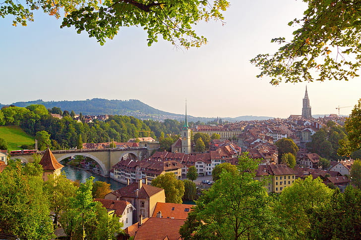 greens, trees, bridge, river, home, Switzerland, Bern, HD wallpaper