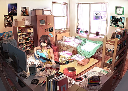 анимирано момиче, което свири на китара, аниме, HD тапет HD wallpaper