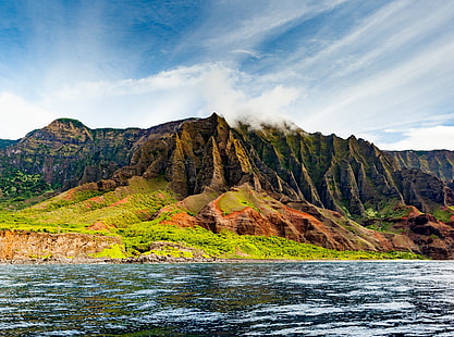 A view of the Na Pali Coast from the ocean, Travel, Islands, Ocean, Landscape, Island, High, Hawaii, Hawaiian, Coast, Cliffs, statepark, NaPali, HD wallpaper HD wallpaper