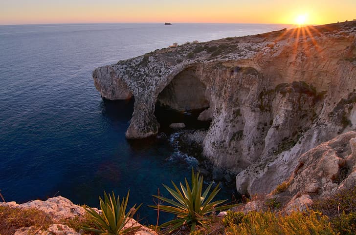 sea, the sun, rays, landscape, sunset, nature, rocks, shore, the grotto, Malta, HD wallpaper