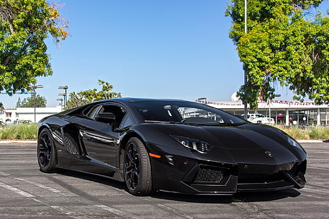 negro Lamborghini Aventador, negro, estacionamiento, vista frontal, aventador, lp700-4, Lamborghini, Fondo de pantalla HD HD wallpaper
