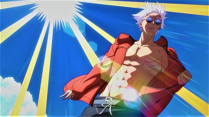 Jujutsu Kaisen, Satoru Gojo, abs, cabelo branco, óculos, Sol, luz solar, céu, Anime, Captura de tela do anime, Meninos anime, HD papel de parede