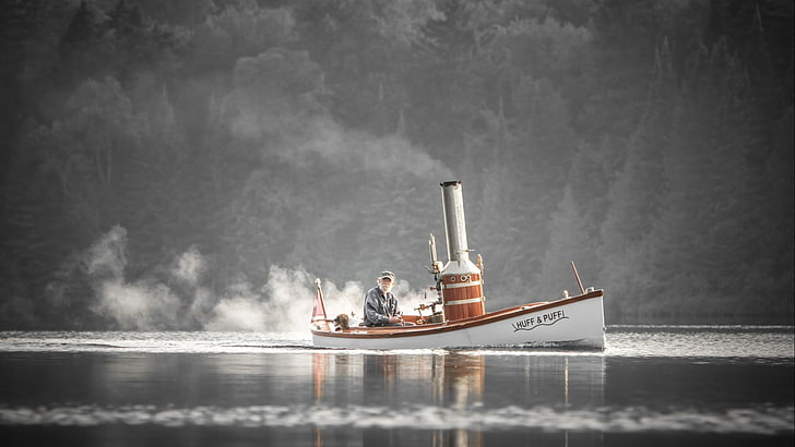 white and red boat illustration, nature, landscape, water, boat, men, old people, sailor, beards, steamship, smoke, mist, lake, trees, forest, pine trees, reflection, chimneys, vehicle, HD wallpaper