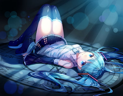 аниме, аниме девушки, Vocaloid, Hatsune Miku, ножки, юбка, длинные волосы, синие волосы, голубые глаза, бедра, часы, два хвостика, HD обои HD wallpaper