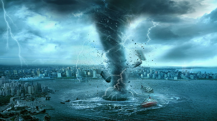 badai di badan air wallpaper digital, tornado, seni digital, cityscape, laut, perahu, apokaliptik, badai, Wallpaper HD