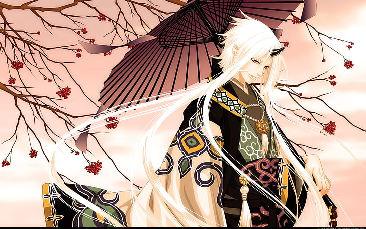 białowłosy męski postać z anime trzymający ilustrację papierowego parasola, hiiro no kakera, dziewczyna, blondynka, kimono, parasol, Tapety HD
