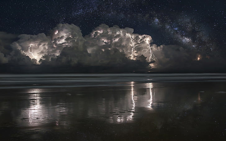 lightning, starry night, clouds, nature, beach, 500px, Milky Way, storm, HD wallpaper