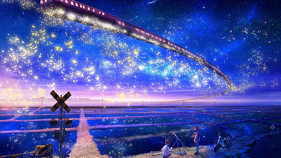 anime, anime kızlar, gökyüzü, yıldız, tren, büyü, HD masaüstü duvar kağıdı HD wallpaper