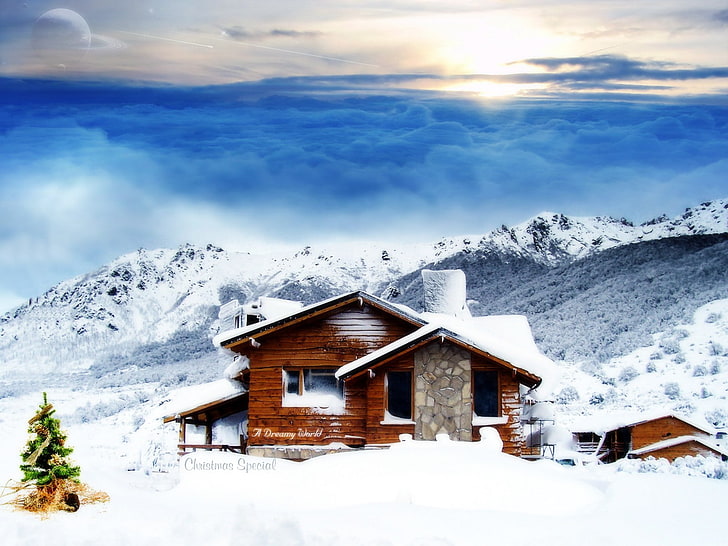 cabine, montanhas, neve, HD papel de parede