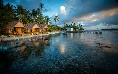 Bungalows sur le récif, Polynésie française, français, récif, bungalows, Fond d'écran HD HD wallpaper