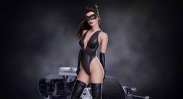 women's catwoman costume, look, batman, mask, art, catwoman, anne hathaway, HD wallpaper