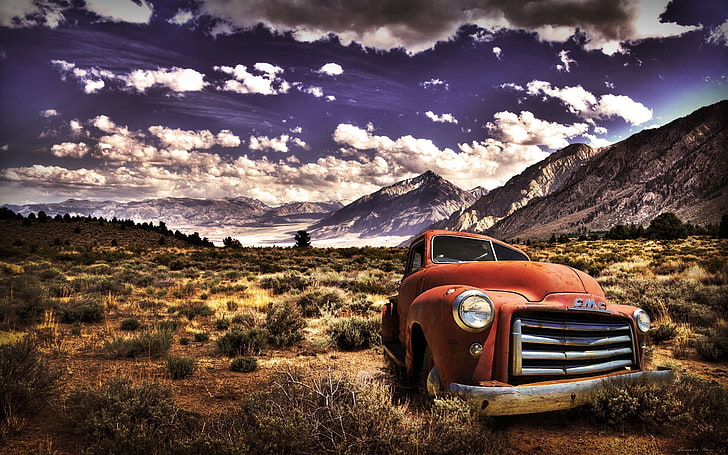 vintage red pickup truck, landscape, nature, HDR, mountains, sky, car, vehicle, clouds, old car, HD wallpaper