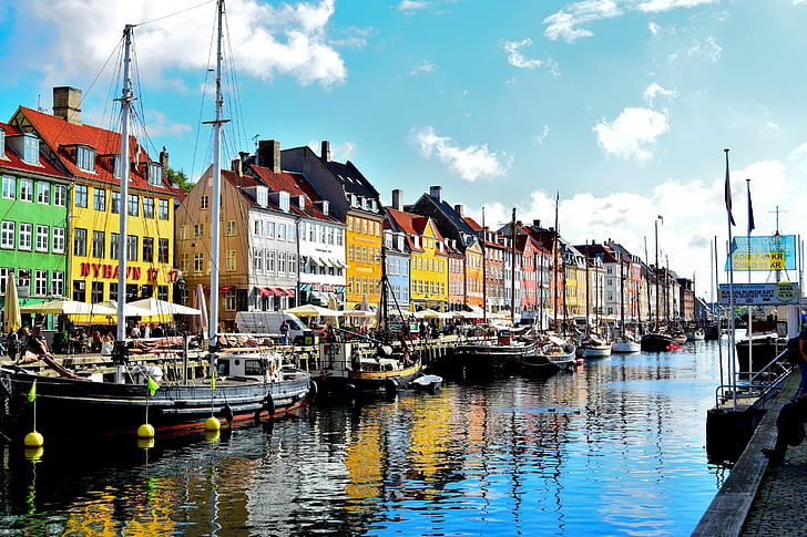 色とりどりの建物、コペンハーゲン、デンマーク、桟橋、建物、 HDデスクトップの壁紙