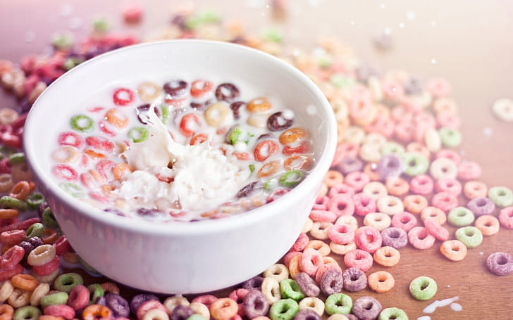 flakes, ringlets, multi-colored, milk, breakfast, HD wallpaper